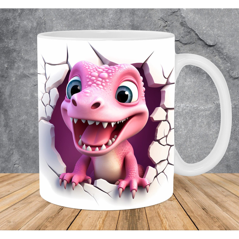 3D Pink Dinosaur In A Hole Mug Wrap 11oz & 15oz Mug Template, Dinosaur Mug Sublimation Design Mug Wrap Template PNG Instant Digital Download - 1.jpg