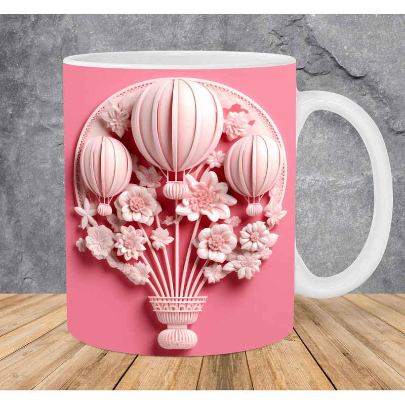 3D Pink Hot Air Balloon Flowers Mug Wrap 11oz & 15oz Mug Template, 3D Mug Sublimation Design Mug Wrap Template PNG Instant Digital Download - 1.jpg