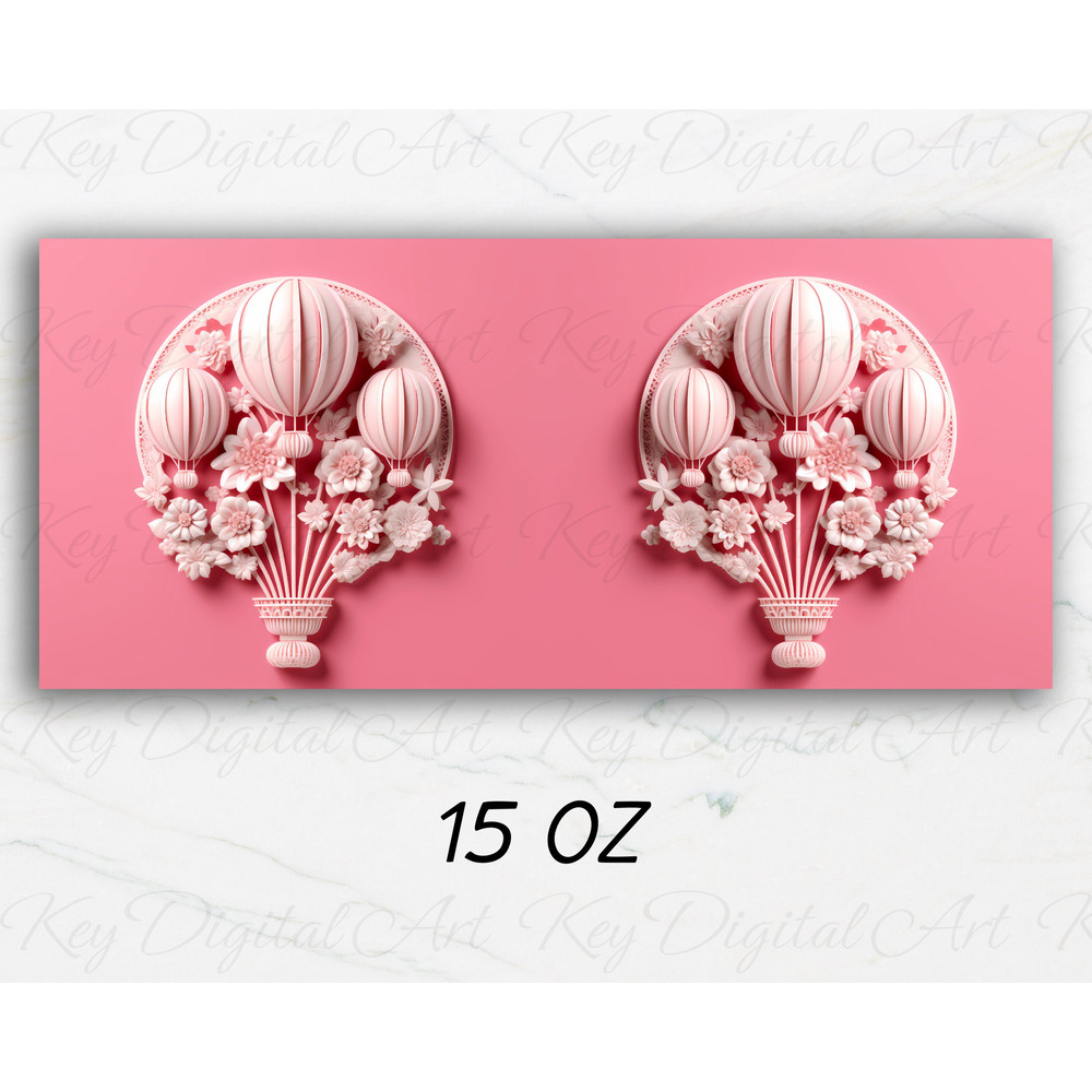 3D Pink Hot Air Balloon Flowers Mug Wrap 11oz & 15oz Mug Template, 3D Mug Sublimation Design Mug Wrap Template PNG Instant Digital Download - 2.jpg
