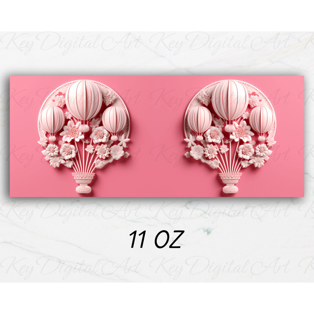 3D Pink Hot Air Balloon Flowers Mug Wrap 11oz & 15oz Mug Template, 3D Mug Sublimation Design Mug Wrap Template PNG Instant Digital Download - 3.jpg