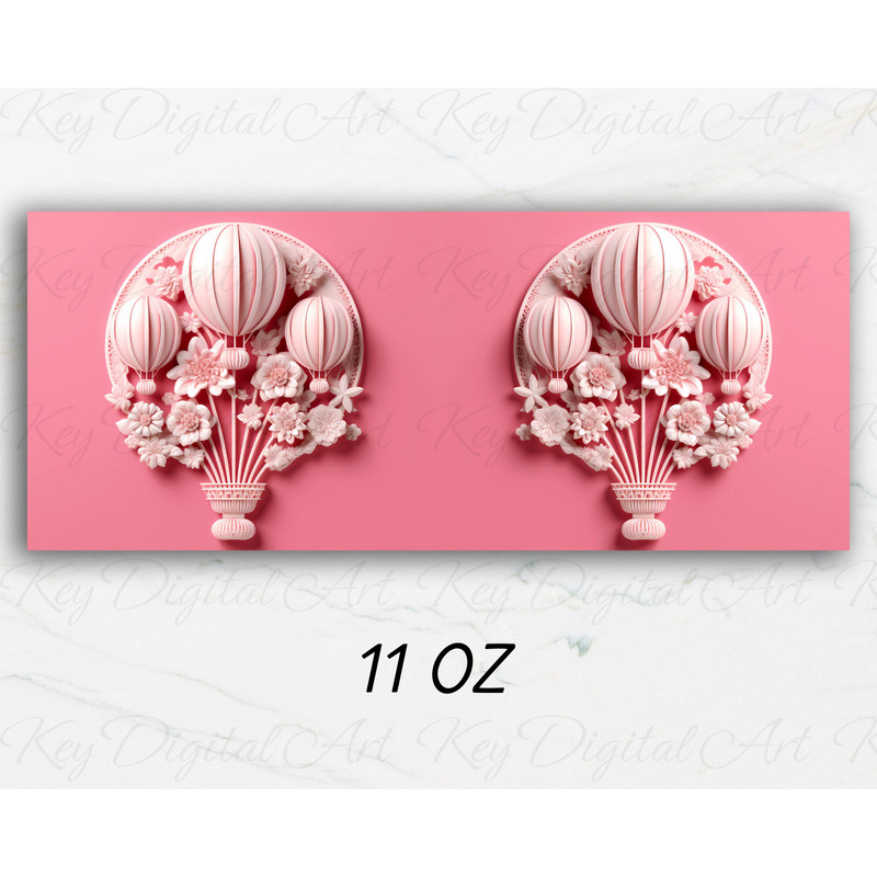3D Pink Hot Air Balloon Flowers Mug Wrap 11oz & 15oz Mug Template, 3D Mug Sublimation Design Mug Wrap Template PNG Instant Digital Download - 3.jpg