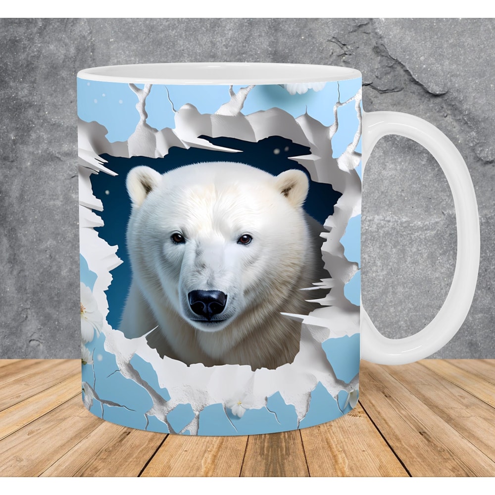 3D Polar Bear Hole In A Wall Mug Wrap 11oz & 15oz Mug Template, Animal Mug Sublimation Design Mug Wrap Template PNG Instant Digital Download - 1.jpg