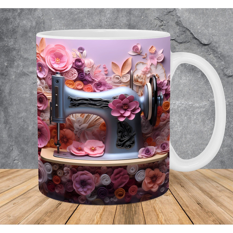3D Sewing Machine Pink Flowers Mug Wrap 11oz & 15oz Mug Template, 3D Mug Sublimation Design Mug Wrap Template PNG Instant Digital Download - 1.jpg