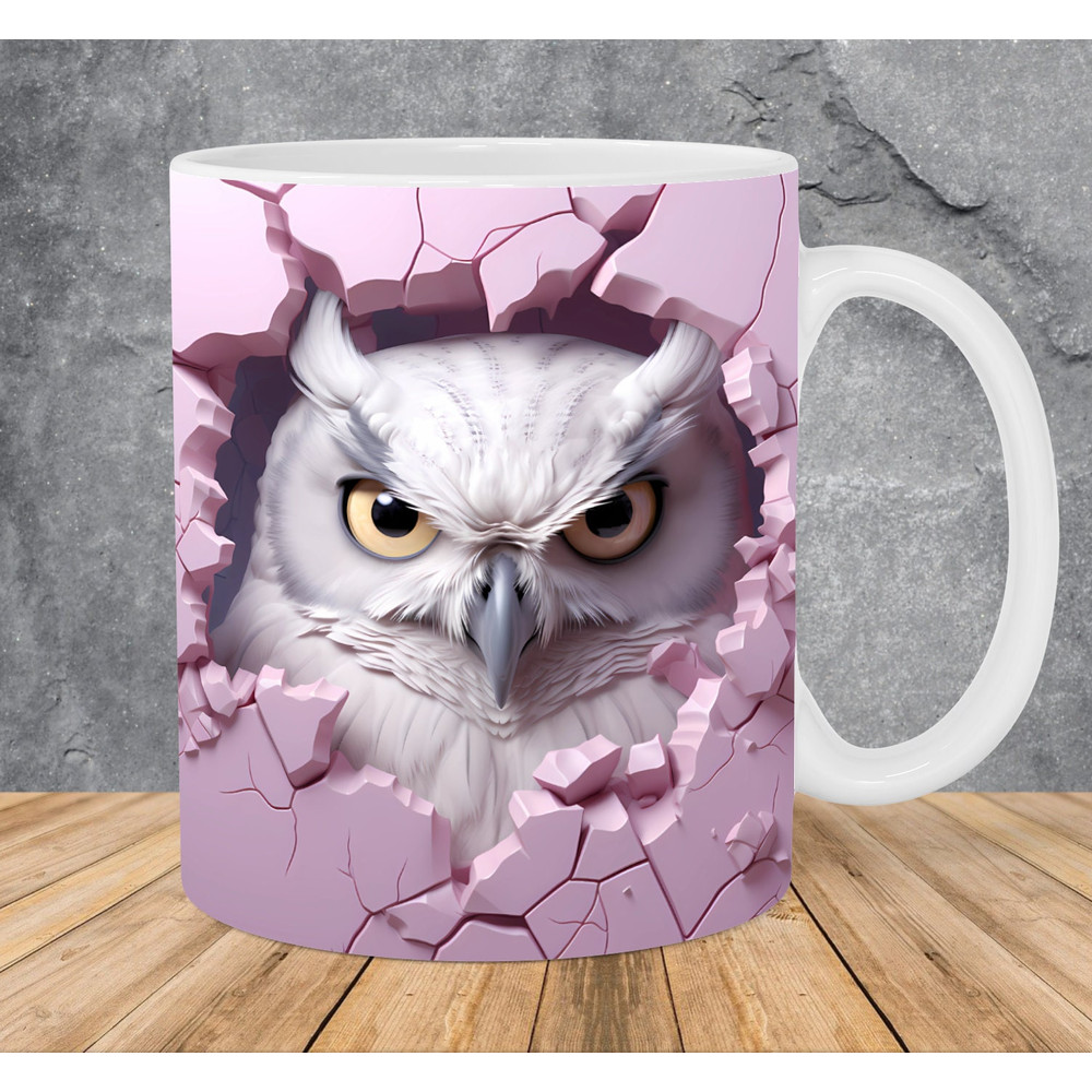 3D Snowy Owl Hole In Pink Wall Mug Wrap 11oz & 15oz Mug Template, 3D Mug Sublimation Design Mug Wrap Template PNG Instant Digital Download - 1.jpg