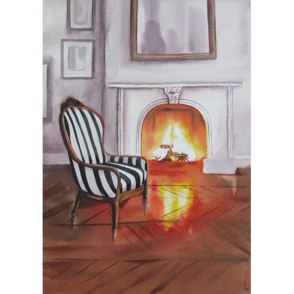 fireplace - fire - room - armchair - striped furniture - striped - fire - watercolor painting -1.JPG