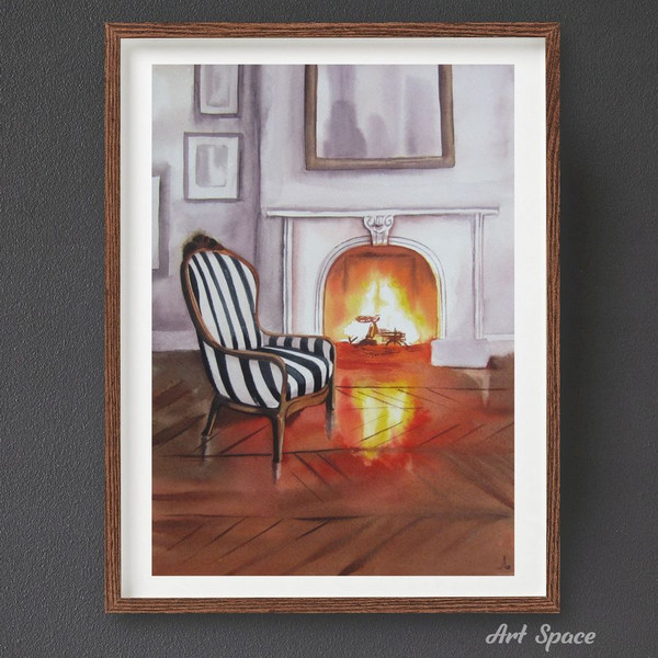 fireplace - fire - room - armchair - striped furniture - striped - fire - watercolor painting -2.jpg
