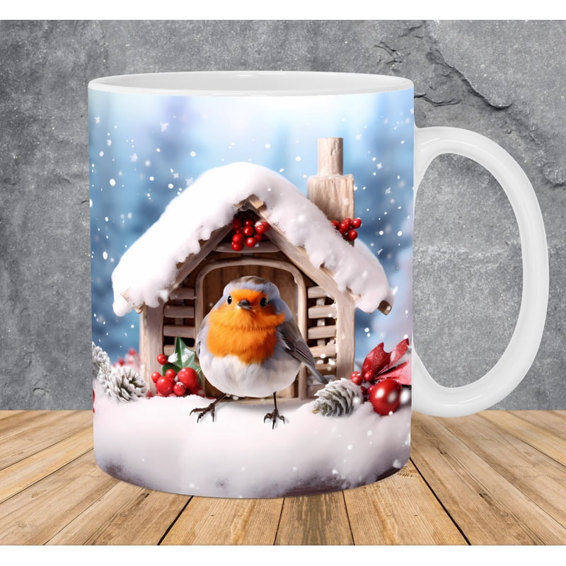 3D Winter Bird House Mug Wrap 11oz & 15oz Mug Template, 3D Winter Mug Sublimation Design Mug Wrap Template PNG Instant Digital Download - 1.jpg