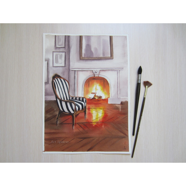 fireplace - fire - room - armchair - striped furniture - striped - fire - watercolor painting -4.JPG