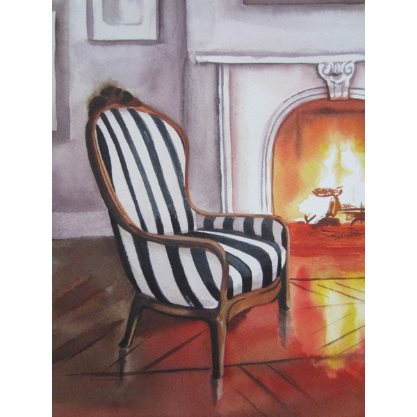 fireplace - fire - room - armchair - striped furniture - striped - fire - watercolor painting -5.JPG