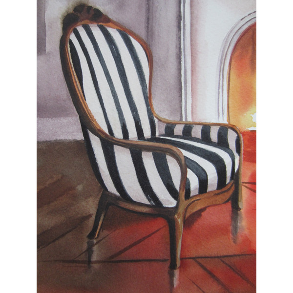 fireplace - fire - room - armchair - striped furniture - striped - fire - watercolor painting -7.JPG