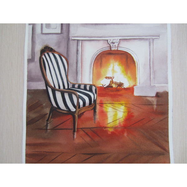fireplace - fire - room - armchair - striped furniture - striped - fire - watercolor painting -9.JPG