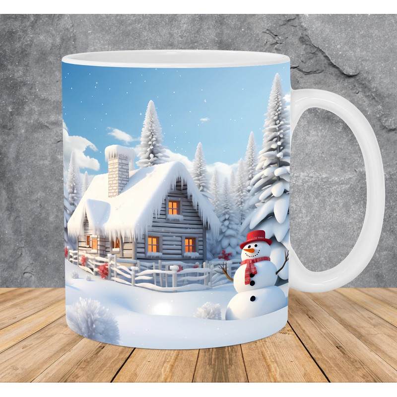 3D Winter House Snowman Mug Wrap 11oz & 15oz Mug Template, 3D Winter Mug Sublimation Design Mug Wrap Template PNG Instant Digital Download - 1.jpg