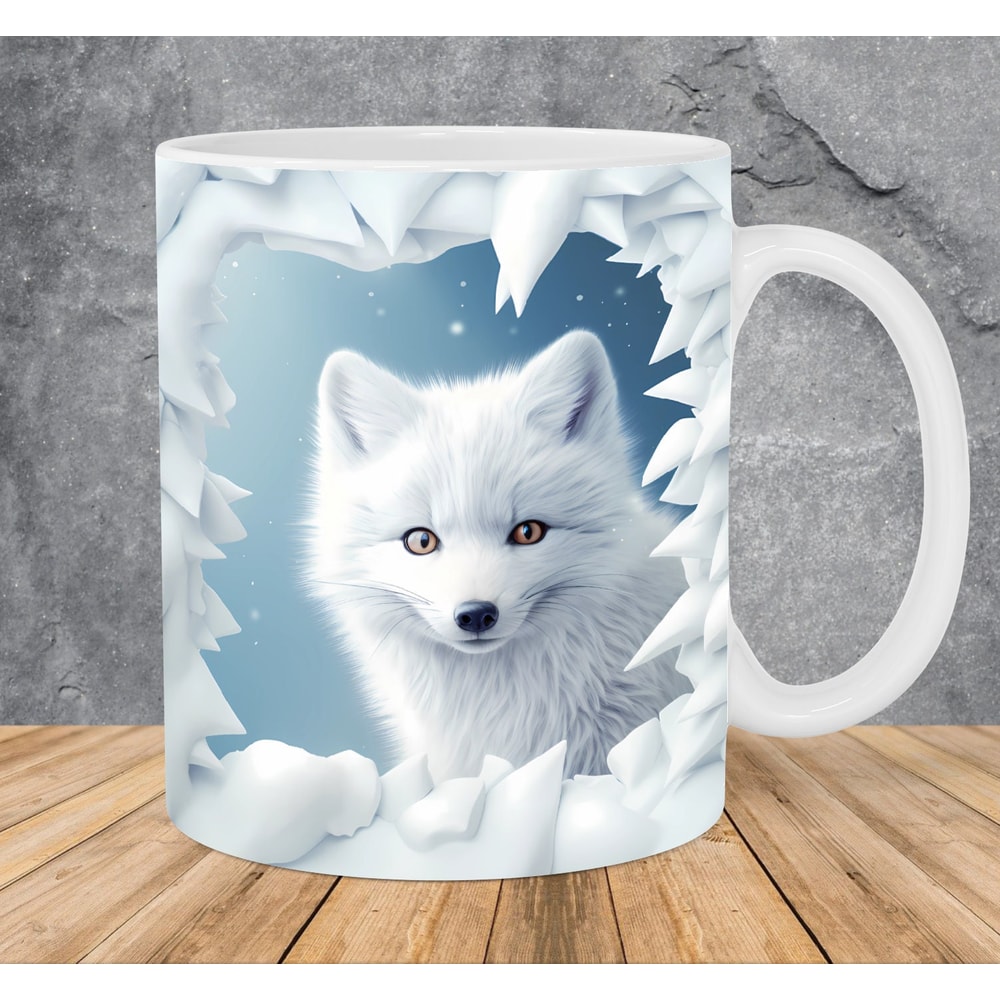 3D Winter White Fox Hole In A Wall Mug Wrap 11oz & 15oz Mug Template, Mug Sublimation Design Mug Wrap Template PNG Instant Digital Download - 1.jpg