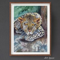 watercolor painting, original,  **leopard**, animal unusual, interior decor, wall decor, painting for home, cafe decor