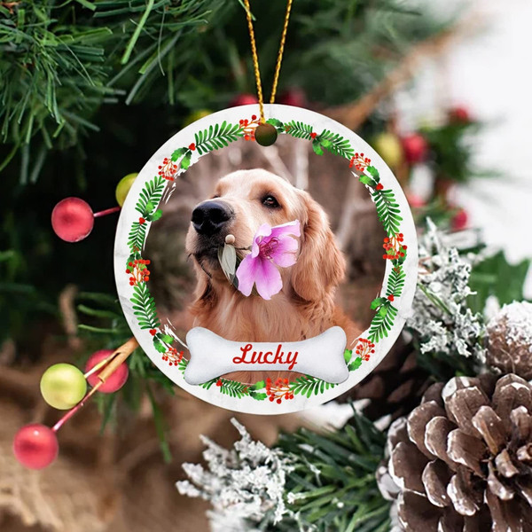 Custom Pet Photo Ornament, Personalized Dog Keepsake, Round Ceramic Ornament 2023, Christmas Wreath Ornament, Christmas Tree Decor Dog Lover - 1.jpg