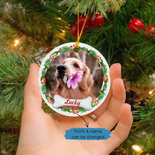 Custom Pet Photo Ornament, Personalized Dog Keepsake, Round Ceramic Ornament 2023, Christmas Wreath Ornament, Christmas Tree Decor Dog Lover - 2.jpg