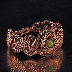 Natural green jade bracelet for woman Unique wire wrapped copper jewelry Powerful positive energy WireWrapArt jewelry