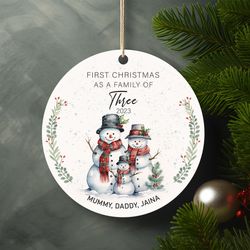 Personalised First Christmas As A Family Of Three Snowman Ceramic Ornament Home Decor