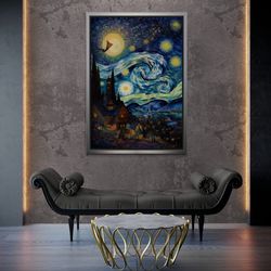 City Landscape Framed Canvas, Starry Sky Wall Art, Van Gogh Style Wall Art, Sunset Canvas, Mosaic Style Canvas, Large Bl
