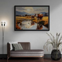 Grazing Cows Wall Art, Nature Landscape Framed Canvas, Farmhouse Home Decor, Gift for Cattle Rancher, River Canvas, Gold
