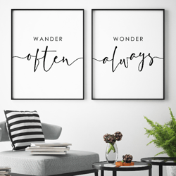 wander often wonder always print, travel wall art, above bed printable, set of 2 quotes, travel quote, wanderlust poster
