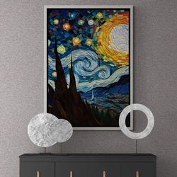 Mosaic Style Wall Art, Nature Landscape Framed Canvas, Van Gogh Style, Seascape Canvas, Large Wall Art, Starry Sky Silve