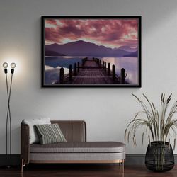 Pink Dock Wall Art, Mountain Landscape Framed Canvas, Pink Clouds Canvas, Dock Landscape, Sunset Wall Art, Seascape Blac