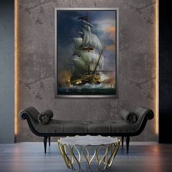 Pirate Ship Framed Canvas, Ship Wall Art, Dark Sea Wall Decoration, Ship Landscape Wall Art, Ship Sails Rolled Canvas, B