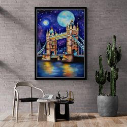 Tower Bridge London Framed Canvas, Tower Bridge Painting Wall Art, London Canvas, Landscape Wall Art, Cityscape Silver F
