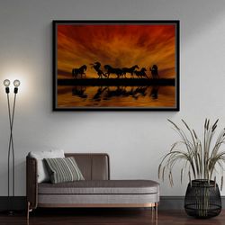 Unique Horse Wall Art, Sunset View Framed Canvas, Best Landscape Wall Art, Reflected Horse Art, Nature And Horse Art, Go