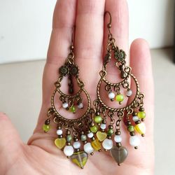 Green beaded earrings ethnic chandelier dangle earrings