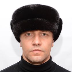 Men's Mink Fur Black Winter Cap From Real Mink Fur And Genuine Leather Lapel Black Color