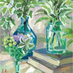 still life in green tones with a glass vase with green branches. original gouache painting 8x8''
