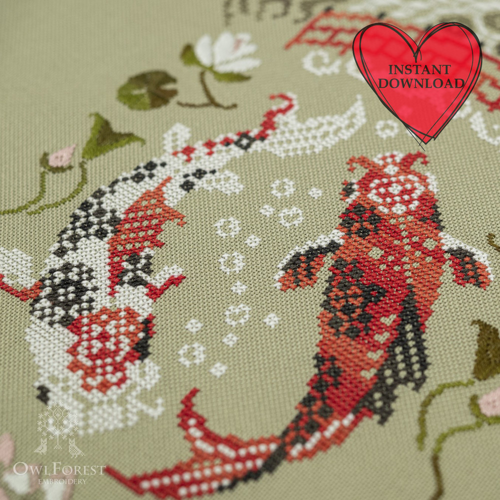 Owlforest Garden Carps Cross Stitch Pattern Digital Embroidery Chart PDF 1