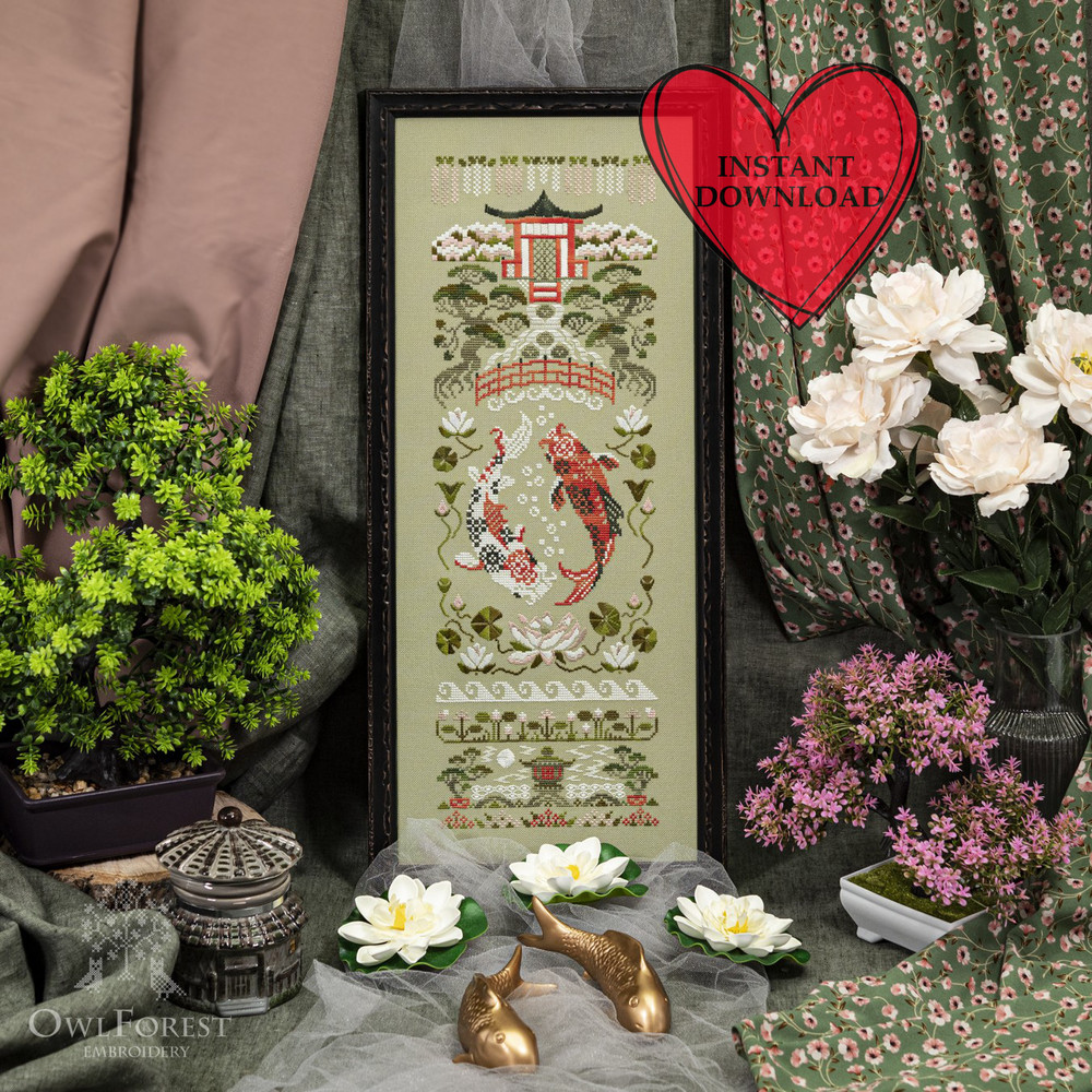 Owlforest Garden Carps Cross Stitch Pattern Digital Embroidery Chart PDF 2