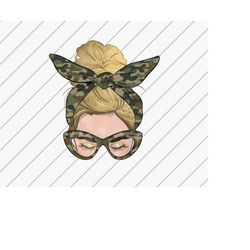 camo messy bun png, sublimation designs downloads, camouflage png, green camo, sublimation file, dtg files, blonde hair