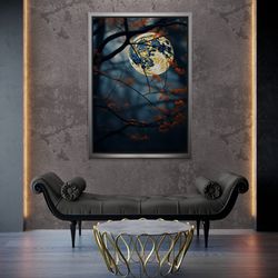 Abstract Large Moon Framed Canvas, Huge Full Moon Wall Art, Moon Landscape Canvas, Natural Design, Landscape Wall Art, B