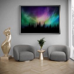Aurora Borealis Framed Canvas, Northern Lights Wall Art, Northern Lights over the Canadian Forest, Landscape Wall Art, W
