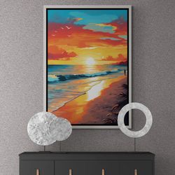 Beach Landscape Wall Art, Sunset Framed Canvas, Nature Wall Art, Beach Sunset Artwork, Seascape Canvas, Large Wall Art,