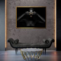 Black Woman Framed Canvas, Sexy Woman Wall Art, Sensual Photo Art, Modern Bedroom Wall Art, Gold Glitter Wall Art, Black