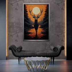Deer Framed Canvas, Sunset Landscape Wall Art, Minimal Canvas, Animal Wall Art, Wild Deer Canvas, Deer Art, Nature Black