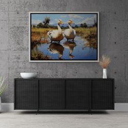 Geese In The Pond Framed Canvas, Geese Wall Art, Fine Art Photography, Nature Landscape Canvas, Goslings Wall Art, Black