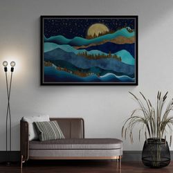 Gold Forest Landscape Wall Art, Landscape Framed Canvas, Starry Night Landscape Canvas, Moon Art, Starry Sky Wall Art, B