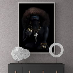 Gold Glitter Black Woman Framed Canvas, Curly Woman Wall Art, Sexy African Woman Canvas, Sensual Photo Art, Woman Body G