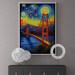 Golden Gate Bridge Wall Art, San Francisco Framed Canvas, Abstract Landscape Wall Art, City View Canvas, Watercolor Blac
