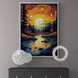 Nature Landscape Wall Art, Abstract Sunset Framed Canvas, Lake View Wall Art, Oil Painting Canvas, Nature Scene Artwork,