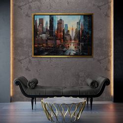 New York Framed Canvas, City Landscape Wall Art, New York Street, Oil Painting Canvas, Landscape Artwork, Modern Silver