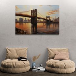 New York Sunshine Framed Canvas, Brooklyn Bridge Oil Painting Wall Art, New York Skyline Canvas, Cityscape Wall Art, Sil