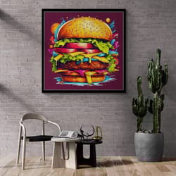 pop art burger framed canvas, hamburger wall art, kitchen wall decor, wall art for restaurants, fast food wall art, whit