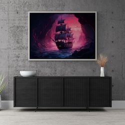 Sailing Ship Framed Canvas, Modern Wall Art, Seascape Canvas, Pirate Ship Painting, Large Wall Art, Vintage Nautical Sil